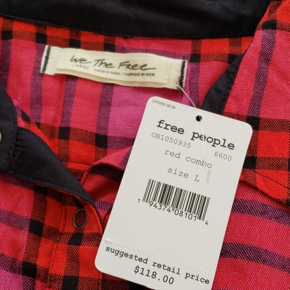 WOMENS FREE PEOPLE RED COMBO BLOUSE RED/PINK SIZE L - Picture 5 of 10